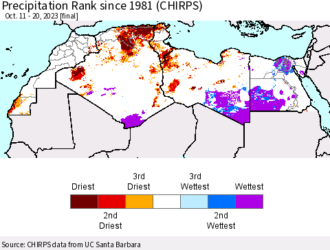 North Africa Precipitation Rank since 1981 (CHIRPS) Thematic Map For 10/11/2023 - 10/20/2023