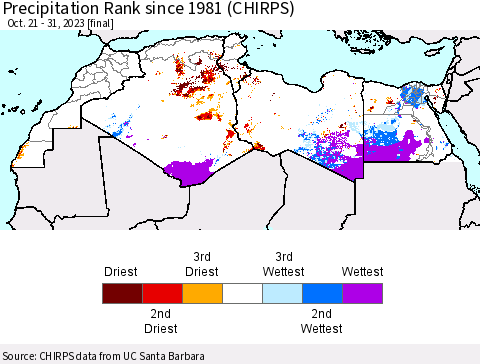 North Africa Precipitation Rank since 1981 (CHIRPS) Thematic Map For 10/21/2023 - 10/31/2023