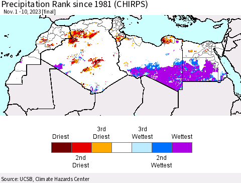 North Africa Precipitation Rank since 1981 (CHIRPS) Thematic Map For 11/1/2023 - 11/10/2023