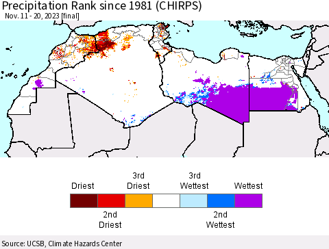 North Africa Precipitation Rank since 1981 (CHIRPS) Thematic Map For 11/11/2023 - 11/20/2023