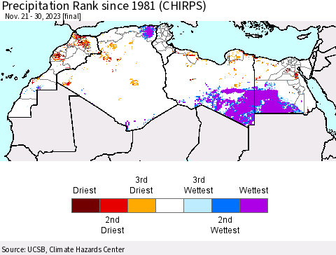 North Africa Precipitation Rank since 1981 (CHIRPS) Thematic Map For 11/21/2023 - 11/30/2023