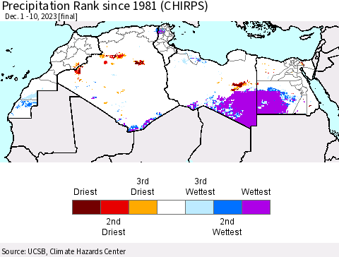 North Africa Precipitation Rank since 1981 (CHIRPS) Thematic Map For 12/1/2023 - 12/10/2023