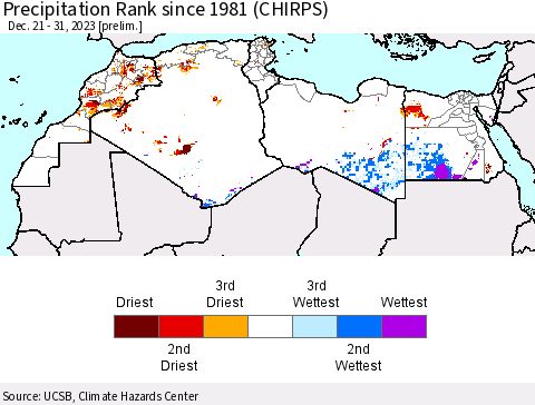 North Africa Precipitation Rank since 1981 (CHIRPS) Thematic Map For 12/21/2023 - 12/31/2023