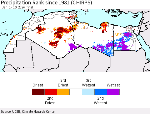 North Africa Precipitation Rank since 1981 (CHIRPS) Thematic Map For 1/1/2024 - 1/10/2024