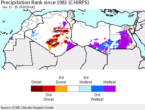 North Africa Precipitation Rank since 1981 (CHIRPS) Thematic Map For 1/11/2024 - 1/20/2024