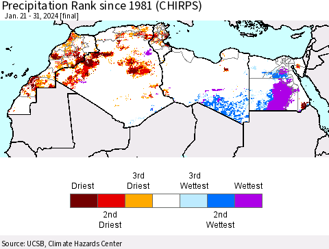 North Africa Precipitation Rank since 1981 (CHIRPS) Thematic Map For 1/21/2024 - 1/31/2024