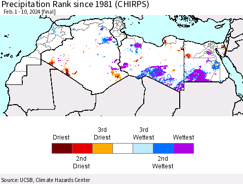 North Africa Precipitation Rank since 1981 (CHIRPS) Thematic Map For 2/1/2024 - 2/10/2024