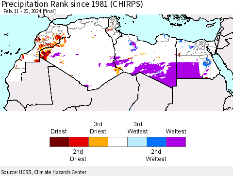 North Africa Precipitation Rank since 1981 (CHIRPS) Thematic Map For 2/11/2024 - 2/20/2024