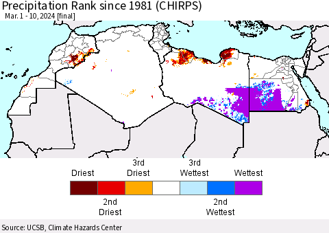 North Africa Precipitation Rank since 1981 (CHIRPS) Thematic Map For 3/1/2024 - 3/10/2024
