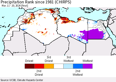 North Africa Precipitation Rank since 1981 (CHIRPS) Thematic Map For 3/11/2024 - 3/20/2024