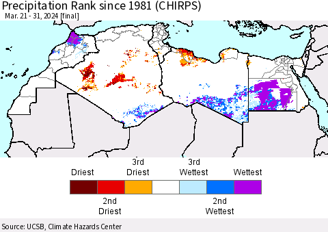 North Africa Precipitation Rank since 1981 (CHIRPS) Thematic Map For 3/21/2024 - 3/31/2024