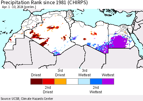 North Africa Precipitation Rank since 1981 (CHIRPS) Thematic Map For 4/1/2024 - 4/10/2024