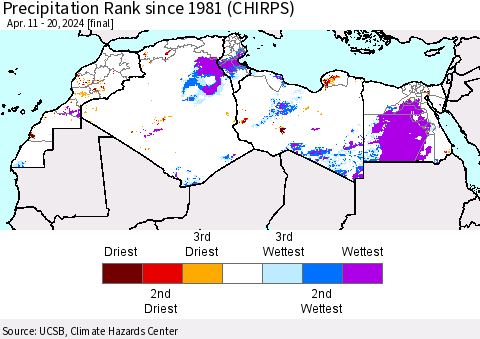 North Africa Precipitation Rank since 1981 (CHIRPS) Thematic Map For 4/11/2024 - 4/20/2024