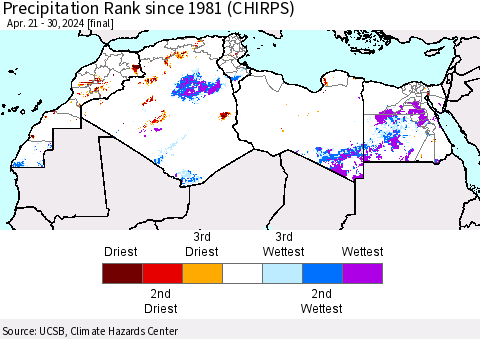 North Africa Precipitation Rank since 1981 (CHIRPS) Thematic Map For 4/21/2024 - 4/30/2024