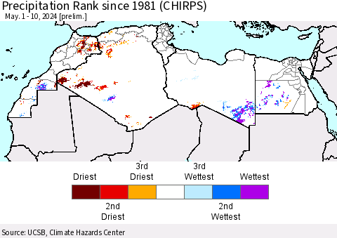 North Africa Precipitation Rank since 1981 (CHIRPS) Thematic Map For 5/1/2024 - 5/10/2024