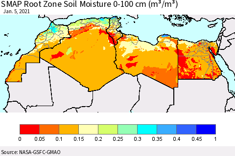 North Africa SMAP Root Zone (0-100 cm) Soil Moisture (m³/m³) Thematic Map For 1/1/2021 - 1/5/2021