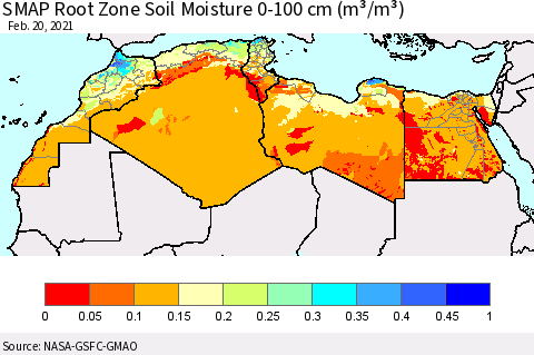 North Africa SMAP Root Zone (0-100 cm) Soil Moisture (m³/m³) Thematic Map For 2/16/2021 - 2/20/2021