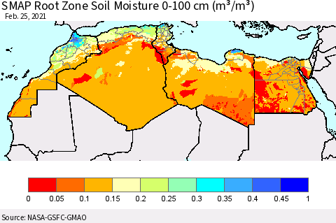 North Africa SMAP Root Zone (0-100 cm) Soil Moisture (m³/m³) Thematic Map For 2/21/2021 - 2/25/2021