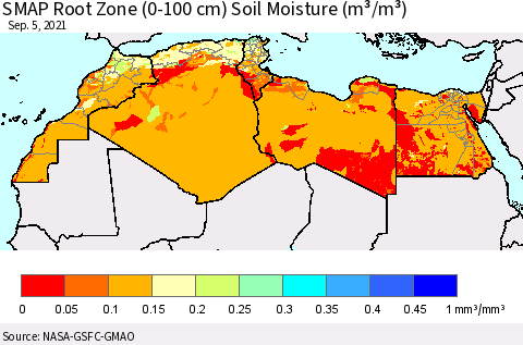 North Africa SMAP Root Zone (0-100 cm) Soil Moisture (m³/m³) Thematic Map For 9/1/2021 - 9/5/2021