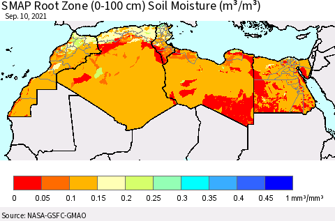 North Africa SMAP Root Zone (0-100 cm) Soil Moisture (m³/m³) Thematic Map For 9/6/2021 - 9/10/2021