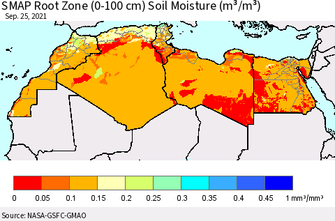 North Africa SMAP Root Zone (0-100 cm) Soil Moisture (m³/m³) Thematic Map For 9/21/2021 - 9/25/2021