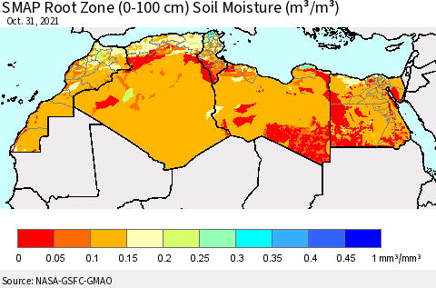 North Africa SMAP Root Zone (0-100 cm) Soil Moisture (m³/m³) Thematic Map For 10/26/2021 - 10/31/2021