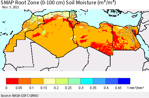 North Africa SMAP Root Zone (0-100 cm) Soil Moisture (m³/m³) Thematic Map For 11/1/2021 - 11/5/2021