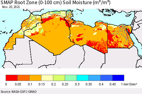 North Africa SMAP Root Zone (0-100 cm) Soil Moisture (m³/m³) Thematic Map For 11/16/2021 - 11/20/2021