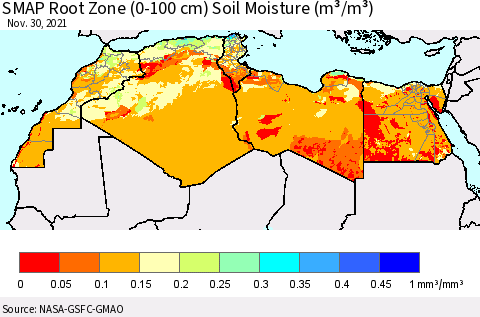 North Africa SMAP Root Zone (0-100 cm) Soil Moisture (m³/m³) Thematic Map For 11/26/2021 - 11/30/2021