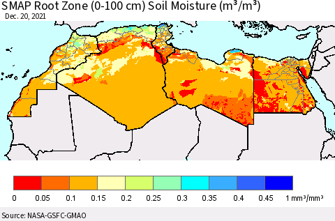 North Africa SMAP Root Zone (0-100 cm) Soil Moisture (m³/m³) Thematic Map For 12/16/2021 - 12/20/2021