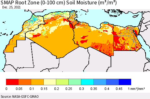 North Africa SMAP Root Zone (0-100 cm) Soil Moisture (m³/m³) Thematic Map For 12/21/2021 - 12/25/2021
