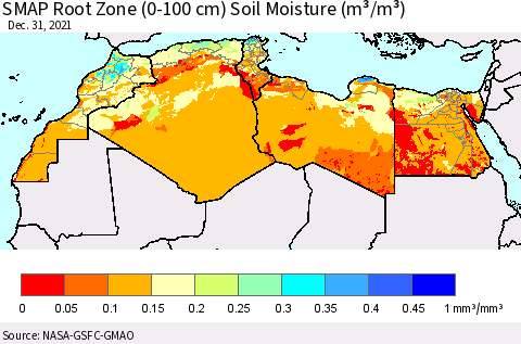 North Africa SMAP Root Zone (0-100 cm) Soil Moisture (m³/m³) Thematic Map For 12/26/2021 - 12/31/2021