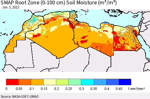North Africa SMAP Root Zone (0-100 cm) Soil Moisture (m³/m³) Thematic Map For 1/1/2022 - 1/5/2022