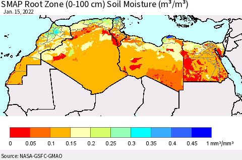 North Africa SMAP Root Zone (0-100 cm) Soil Moisture (m³/m³) Thematic Map For 1/11/2022 - 1/15/2022