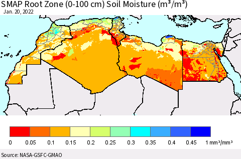 North Africa SMAP Root Zone (0-100 cm) Soil Moisture (m³/m³) Thematic Map For 1/16/2022 - 1/20/2022