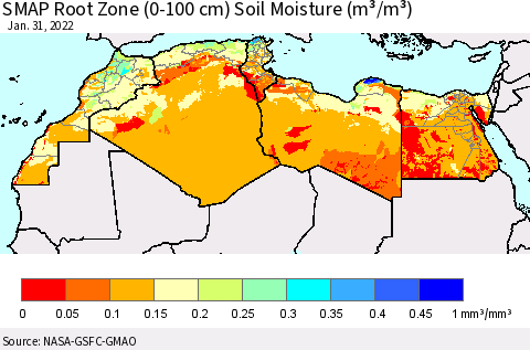 North Africa SMAP Root Zone (0-100 cm) Soil Moisture (m³/m³) Thematic Map For 1/26/2022 - 1/31/2022