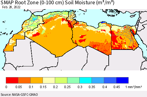 North Africa SMAP Root Zone (0-100 cm) Soil Moisture (m³/m³) Thematic Map For 2/26/2022 - 2/28/2022