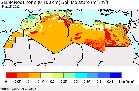 North Africa SMAP Root Zone (0-100 cm) Soil Moisture (m³/m³) Thematic Map For 3/11/2022 - 3/15/2022