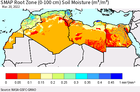 North Africa SMAP Root Zone (0-100 cm) Soil Moisture (m³/m³) Thematic Map For 3/16/2022 - 3/20/2022