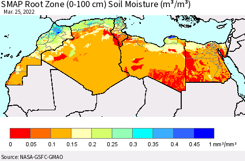 North Africa SMAP Root Zone (0-100 cm) Soil Moisture (m³/m³) Thematic Map For 3/21/2022 - 3/25/2022
