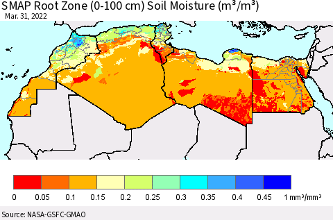 North Africa SMAP Root Zone (0-100 cm) Soil Moisture (m³/m³) Thematic Map For 3/26/2022 - 3/31/2022