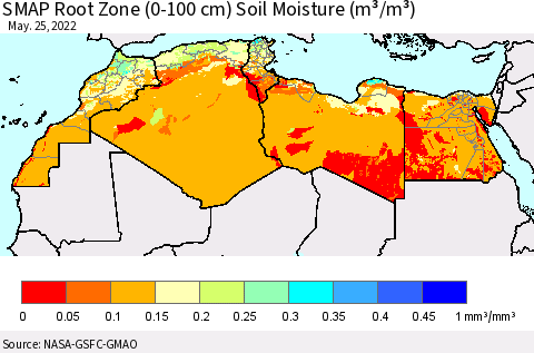 North Africa SMAP Root Zone (0-100 cm) Soil Moisture (m³/m³) Thematic Map For 5/21/2022 - 5/25/2022