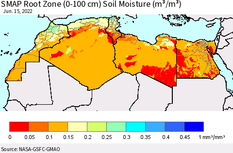 North Africa SMAP Root Zone (0-100 cm) Soil Moisture (m³/m³) Thematic Map For 6/11/2022 - 6/15/2022