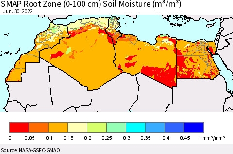 North Africa SMAP Root Zone (0-100 cm) Soil Moisture (m³/m³) Thematic Map For 6/26/2022 - 6/30/2022