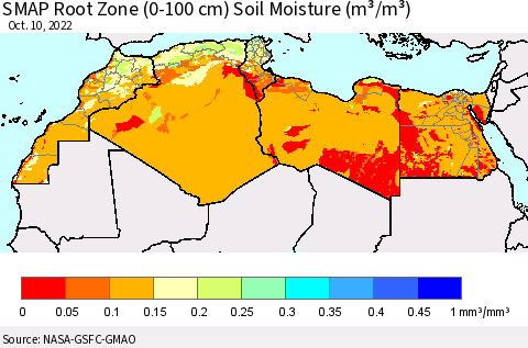 North Africa SMAP Root Zone (0-100 cm) Soil Moisture (m³/m³) Thematic Map For 10/6/2022 - 10/10/2022
