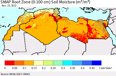 North Africa SMAP Root Zone (0-100 cm) Soil Moisture (m³/m³) Thematic Map For 11/21/2022 - 11/25/2022