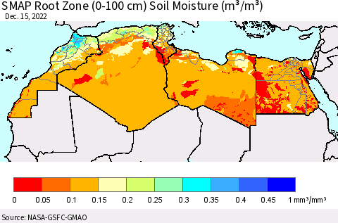 North Africa SMAP Root Zone (0-100 cm) Soil Moisture (m³/m³) Thematic Map For 12/11/2022 - 12/15/2022