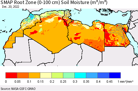 North Africa SMAP Root Zone (0-100 cm) Soil Moisture (m³/m³) Thematic Map For 12/16/2022 - 12/20/2022
