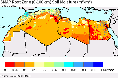 North Africa SMAP Root Zone (0-100 cm) Soil Moisture (m³/m³) Thematic Map For 12/26/2022 - 12/31/2022