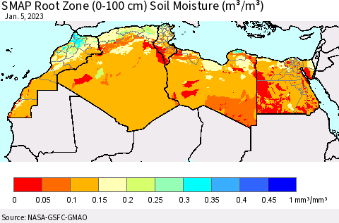 North Africa SMAP Root Zone (0-100 cm) Soil Moisture (m³/m³) Thematic Map For 1/1/2023 - 1/5/2023